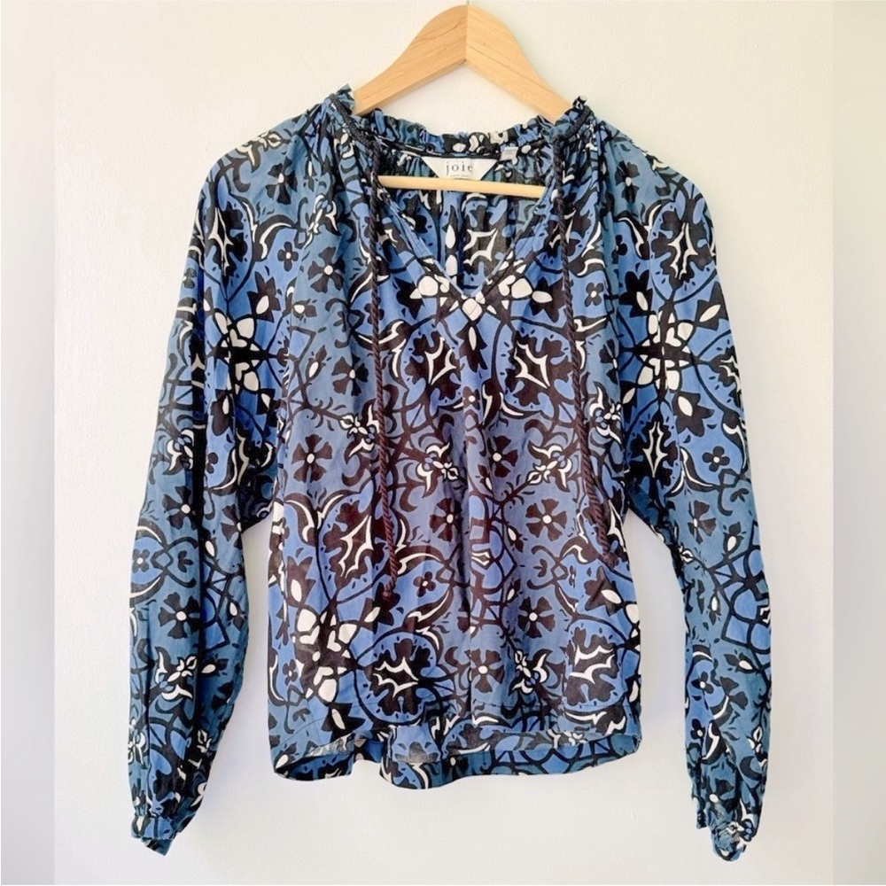 Joie Boho Floral Peasant Blouse Blue Black Ivory Print Top - Size Small